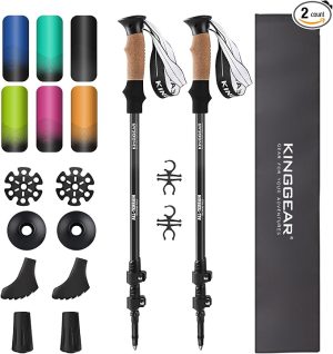 KINGGEAR Nordic Walking Stick, TP1 Hiking Poles Retractable Lightweight 7075 Aluminum, Trekking Poles with Flip Lock, Natural Cork and EVA Grip, 2pc Hiking Gear