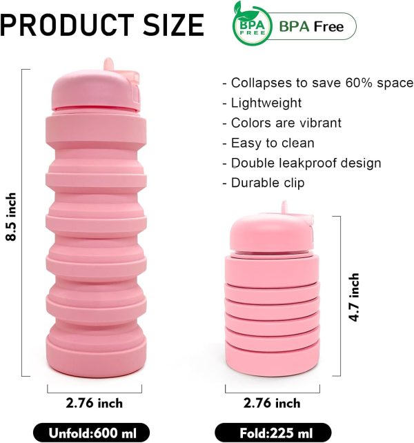 Collapsible Water Bottle 20oz, Travel Portable Sport Water Bottle, Silicone Reusable Leakproof Foldable Water Bottles for Gym Camping Outdoor Hiking, BPA Free - Image 2